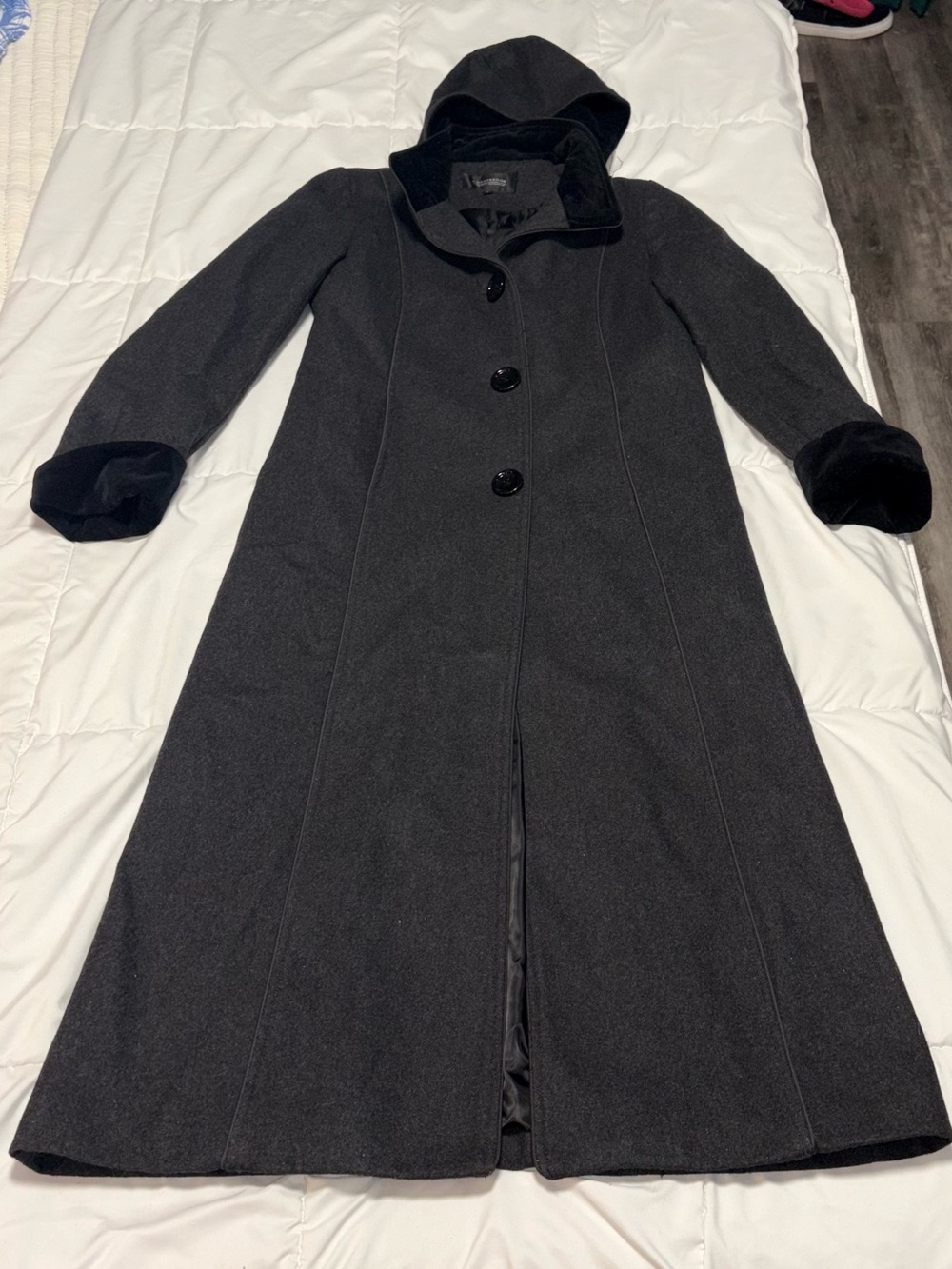 DonnyBrook Velvet Trim Long Sleeve Wool Coat Jacket Women Size 8 Black Pockets